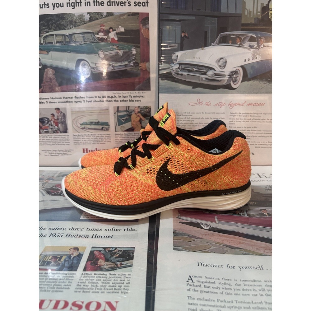 Nike Flyknit Lunar 3 Running Shoes Men's 7.5 Orange Black Volt 698181-700